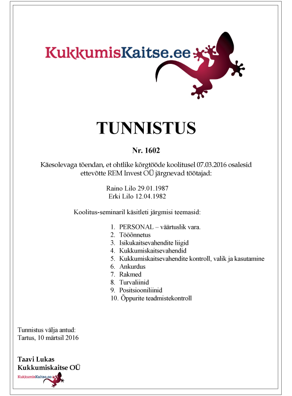 REM Invest OÜ Tunnistus 1602a