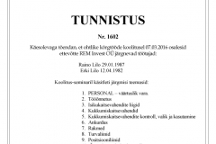 REM Invest OÜ Tunnistus 1602a